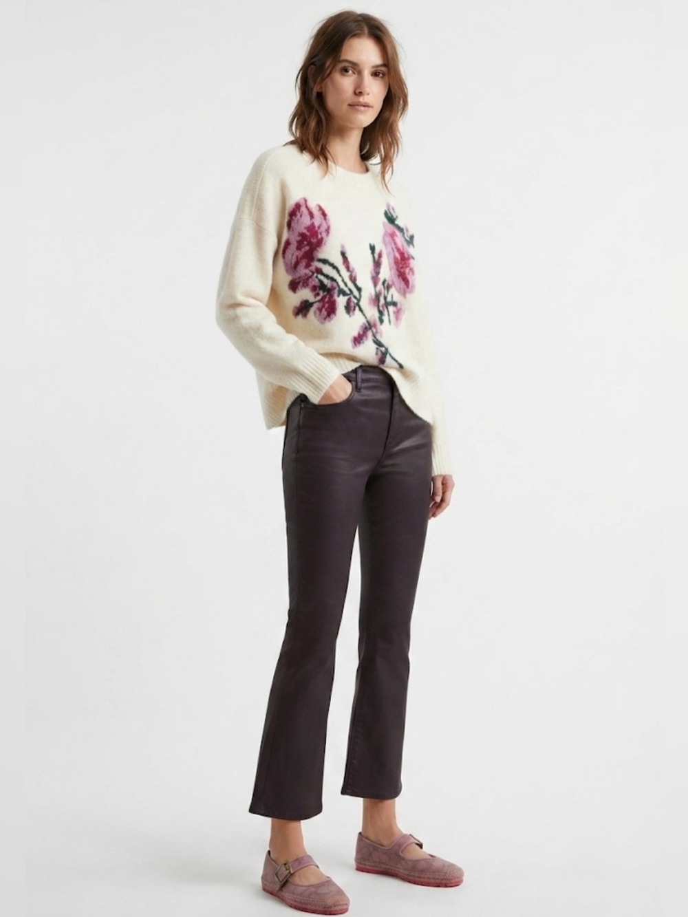 Ted Baker London Cream Floral Intarsia Crewneck Sweater - Size XL